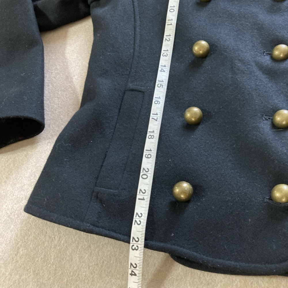 DKNY Wool Blend Pea Coat Sz 4 Black Ruffle Whimsy Goth Stadium Jacket Military - Picture 6 of 8